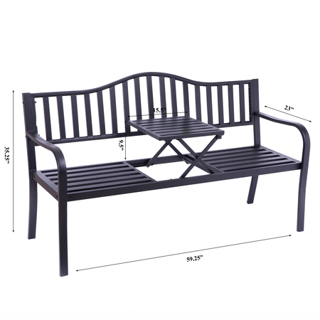 GARDENISED Outdoor Powder Coated Steel Park Bench, Garden Bench with Pop Up Middle Table, Lawn Decor Seating Bench for Yard, Patio, Garden, Balcony, and Deck QI003461L